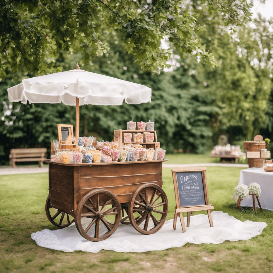 Charming AI-designed dessert station with personalized cake ideas and creative sweet corner setups by WeddingAIssistant.